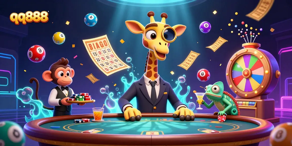 Experience thrilling moments at qq888 with a high-roller giraffe, vibrant lottery activities, and dynamic gambling elements.