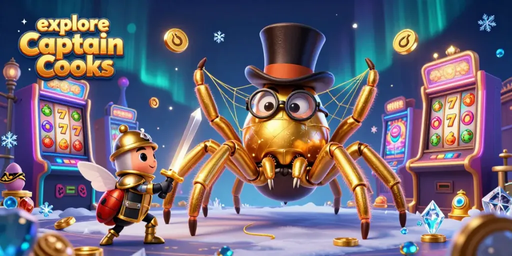 Experience excitement as you explore Captain Cooks with a golden tarantula and beetle knight amidst vibrant slot machines.