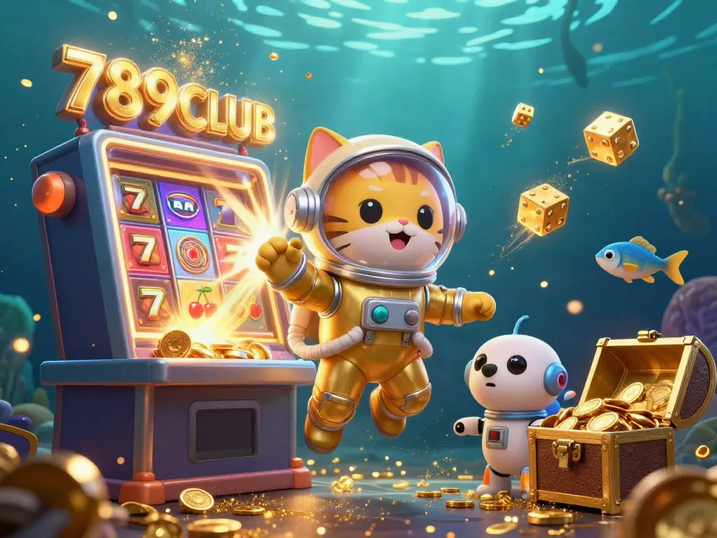 Engage with the dazzling 789CLUB scene featuring a floating astronaut cat and robot dog amidst a jackpot explosion of coins.