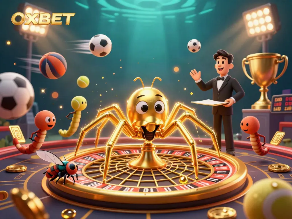 Experience the excitement of OXBET with a lively 3D casino illustration featuring a golden spider and vibrant game elements.
