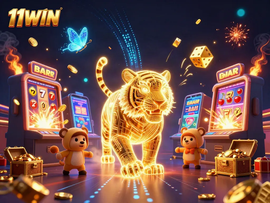 Experience the thrilling casino excitement of 11WIN featuring vibrant gaming visuals and golden tiger characters.