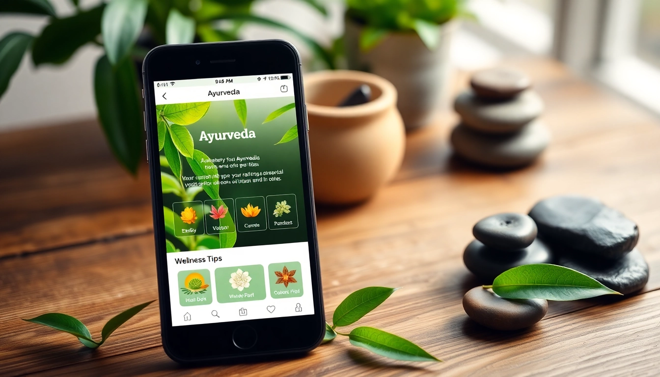 Explore the Ayurveda Mobile App with a user-friendly interface surrounded by serene natural elements.