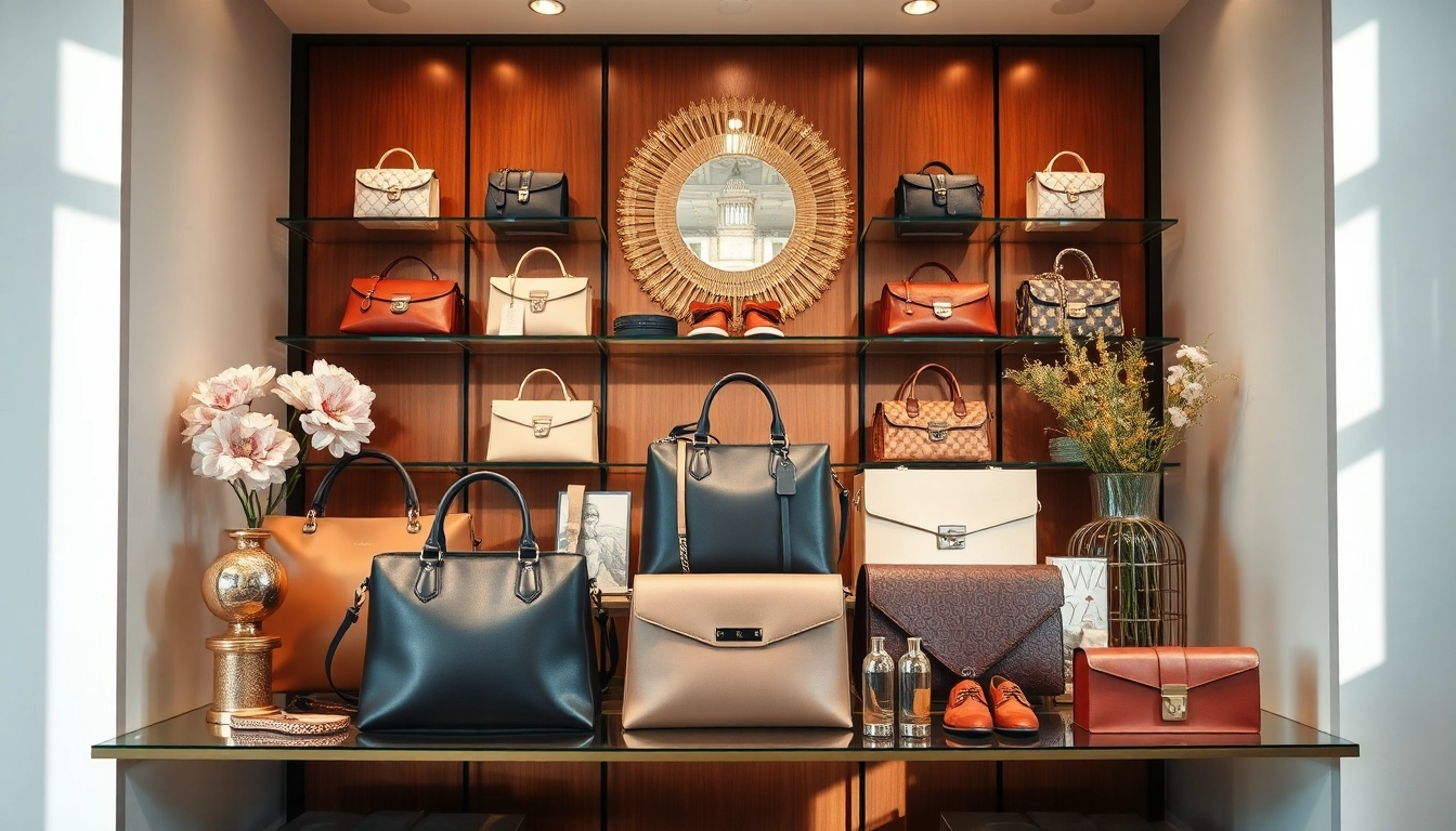 명품 이미테이션 제품을 조명과 함께 보여주는 세련된 부티크 선반의 모습.