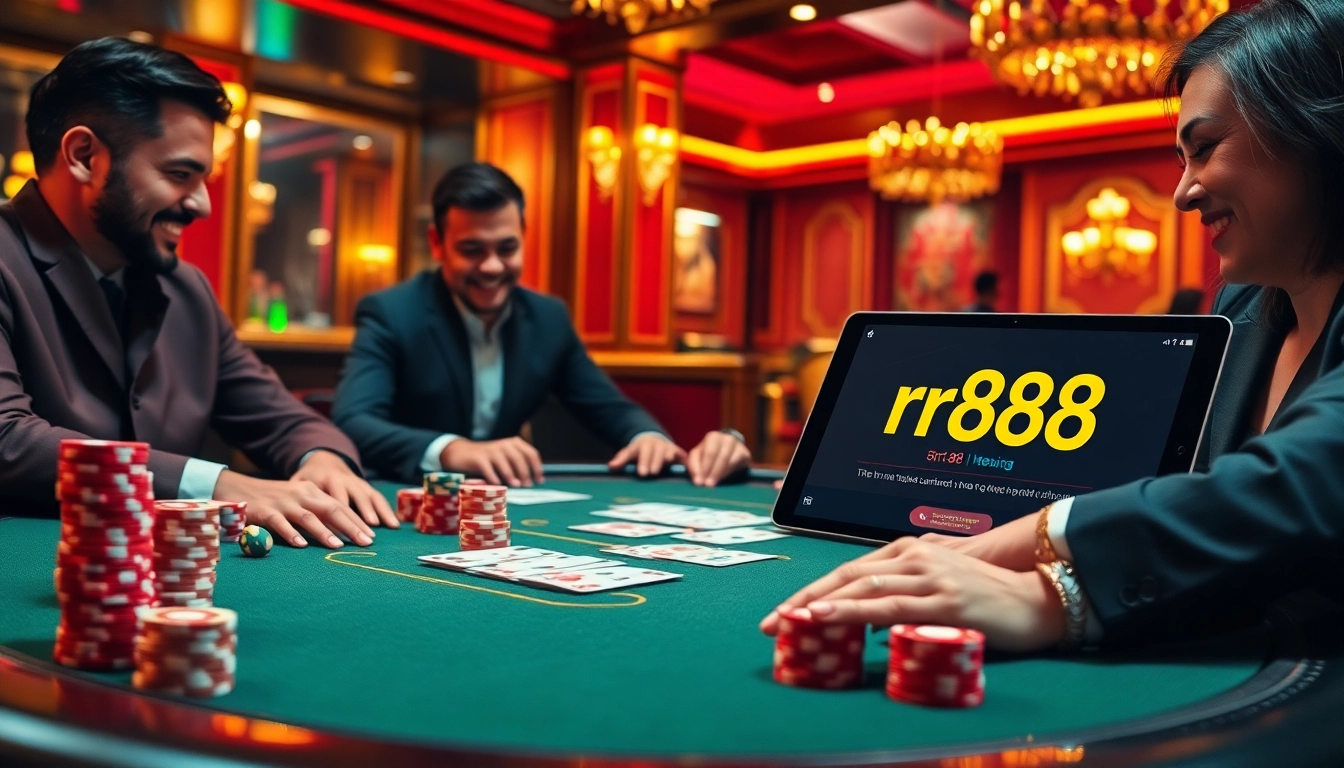 Engage in high-stakes poker action at RR88, featuring vibrant casino visuals and online gambling interfaces.