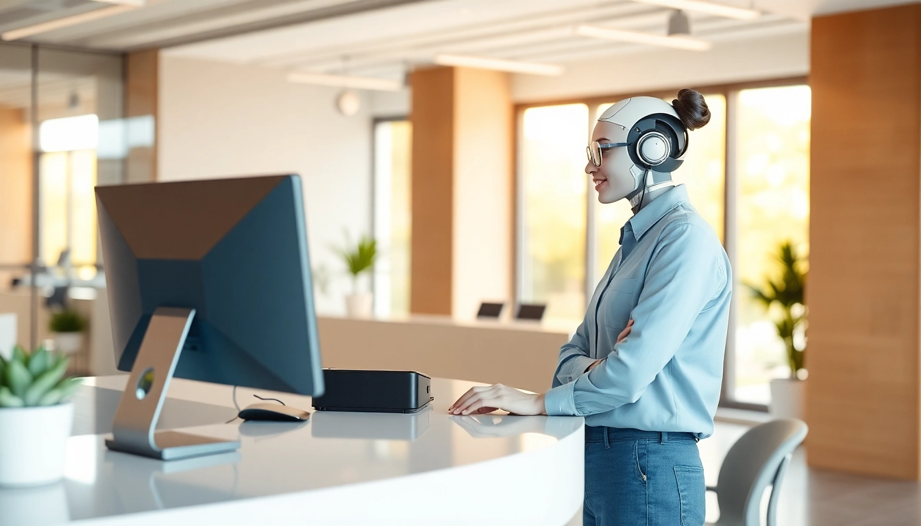 AI Receptionist engaging with clients in a welcoming office setting.