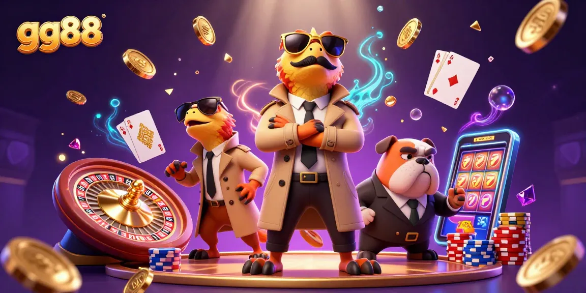 Experience winning thrills at gg88 with raptors in a trench coat in a vibrant casino setting.