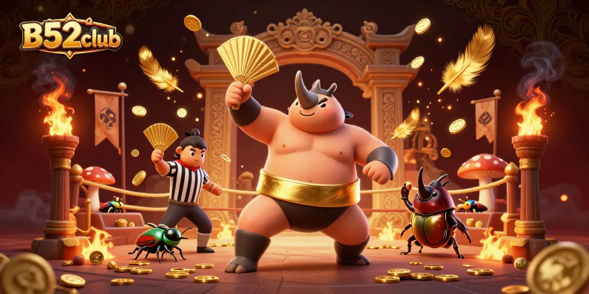 B52club offers an exciting gaming experience as the rhinoceros beetle champion stomps and releases golden coins.