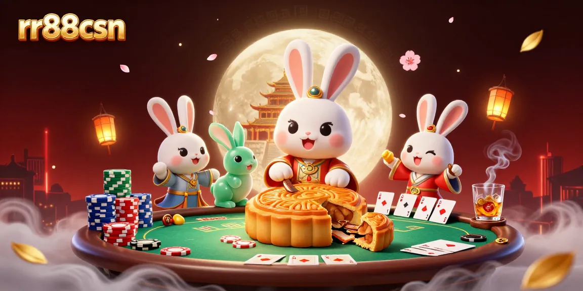 Engage in thrilling gameplay at rr88csn with vibrant poker chips and a joyous moon rabbit on a dynamic lunar scene.