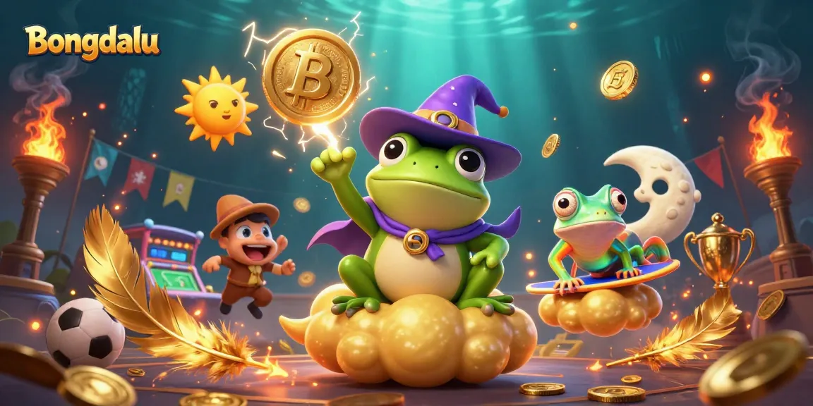 Bongdalu enhances sports betting excitement with a lively scene of a frog wizard and vibrant characters amidst gold coins.
