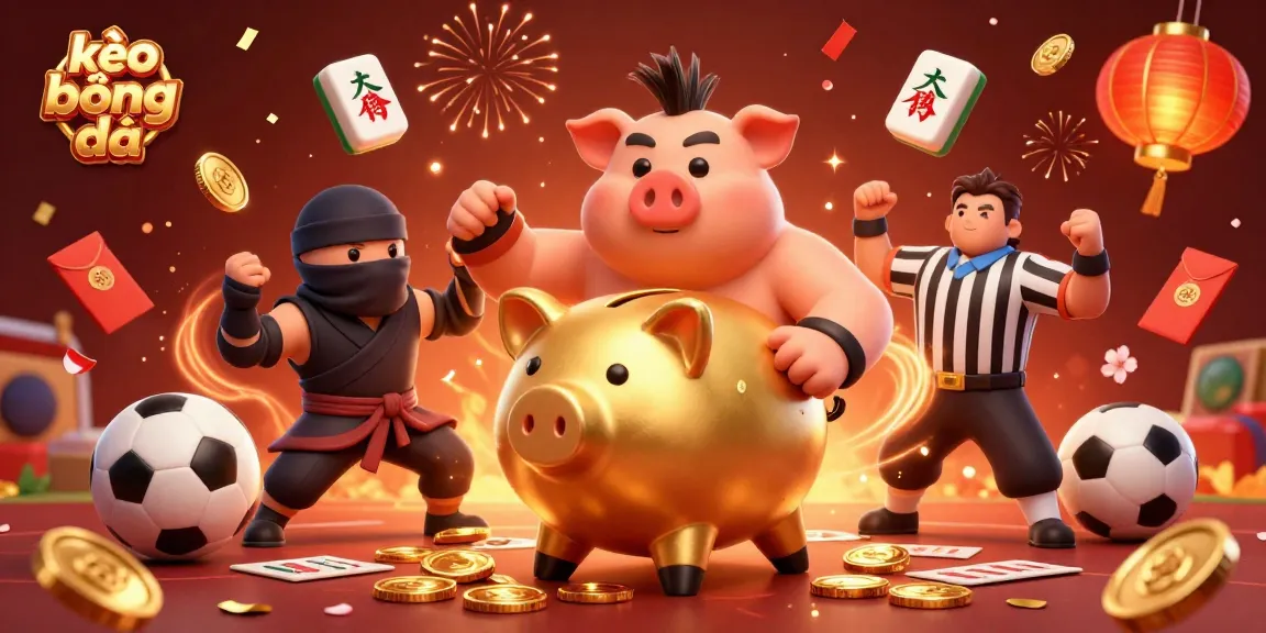 Witness thrilling kèo bóng đá action as a golden piggy bank sumo wrestler unleashes coins amidst vibrant betting excitement.