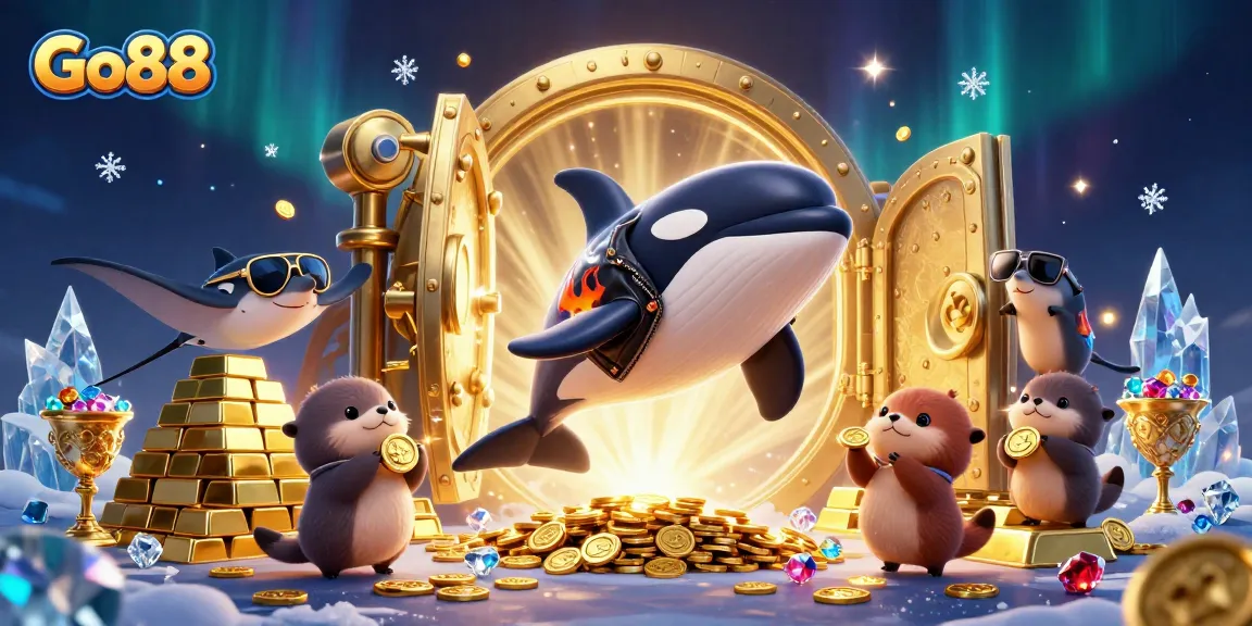 Engage with Go88's thrilling gaming experience, featuring an orca whale, stingray, and otters amidst golden treasures.
