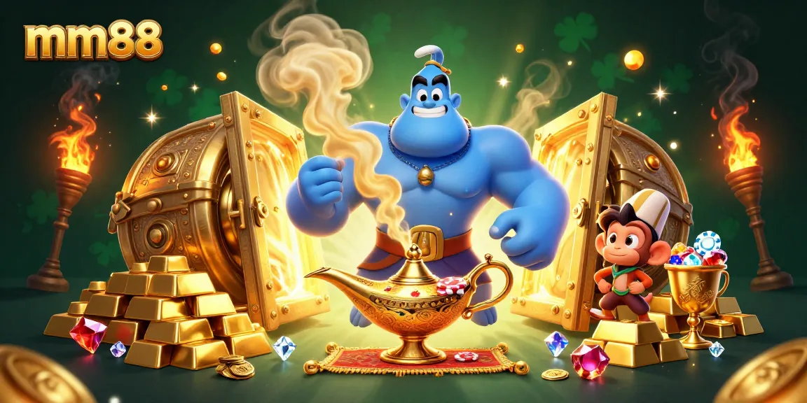Experience exciting gaming action with mm88, featuring a magical genie and treasures overflowing in a vibrant casino scene.