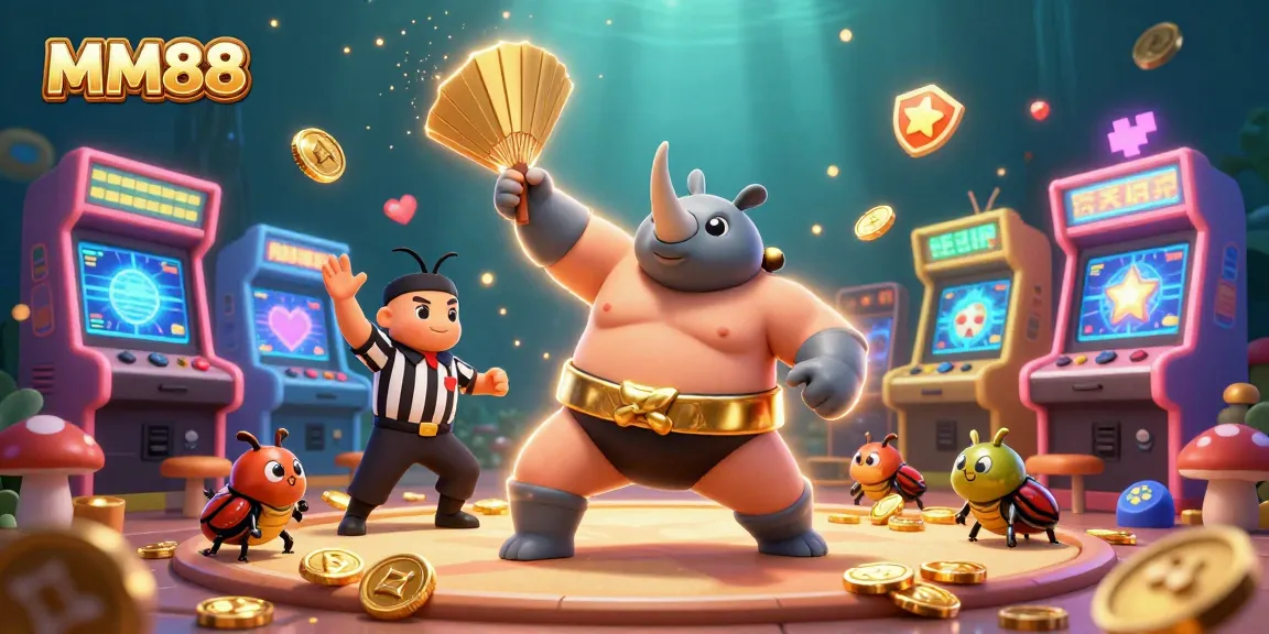 Experience MM88's thrilling gaming environment with a lively scene of animated beetles scattering golden coins.