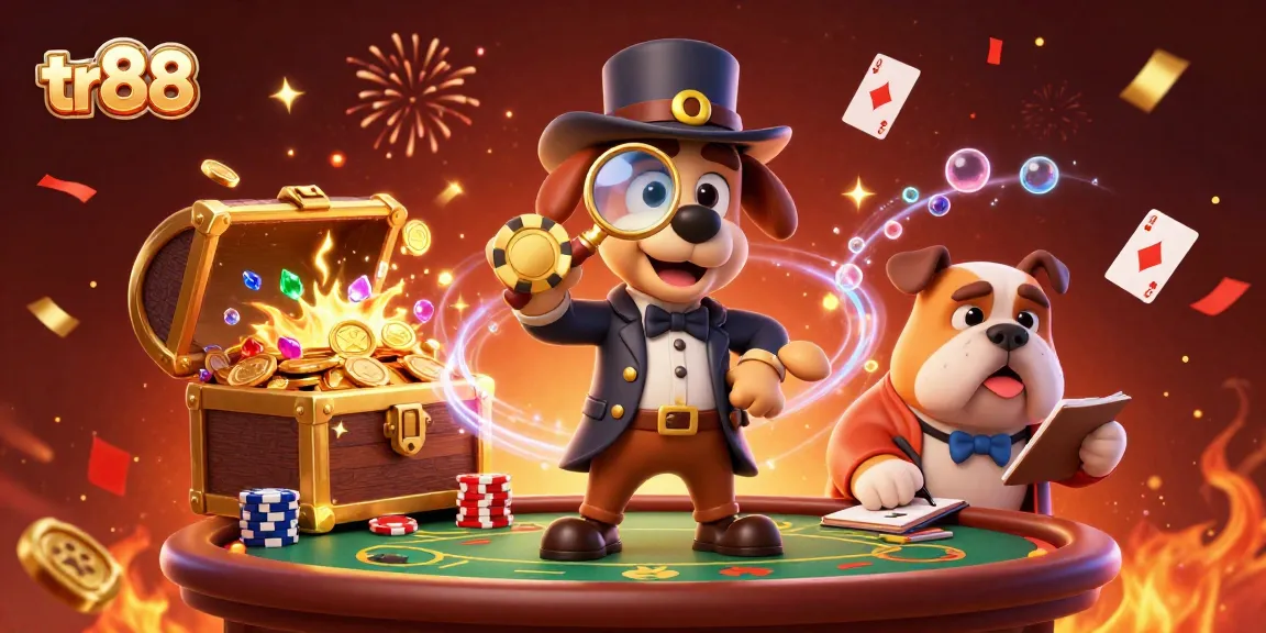 Win big at tr88 with a detective exploring golden poker chip clues in a vibrant casino setting.