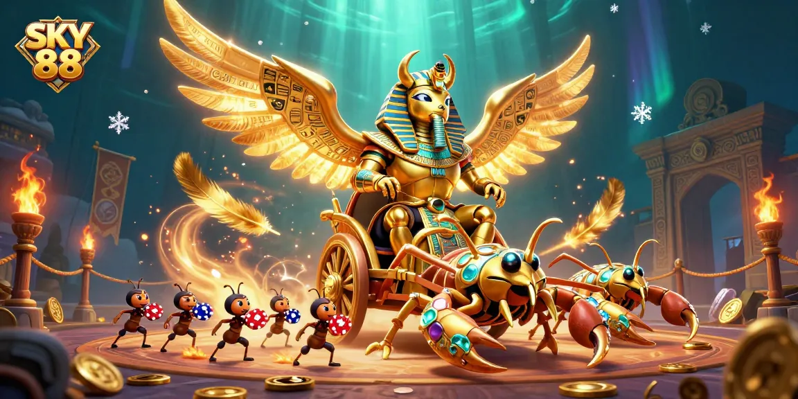 Experience an exciting scene with SKY 88 featuring a lavish casino themed chariot pulled by jewel-encrusted scorpions.