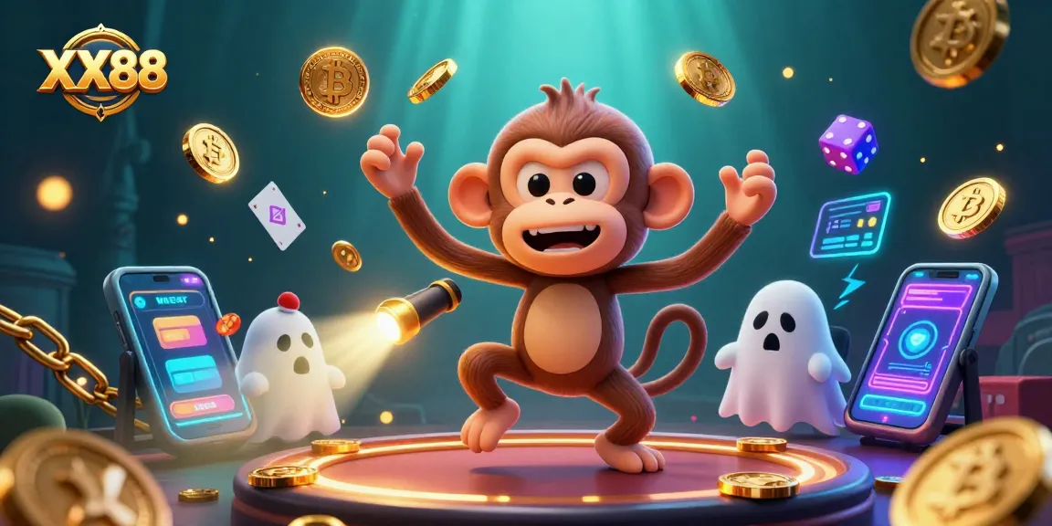 Win big at XX88 with a lively 3D casino scene featuring a mischievous monkey and a curious puppy!