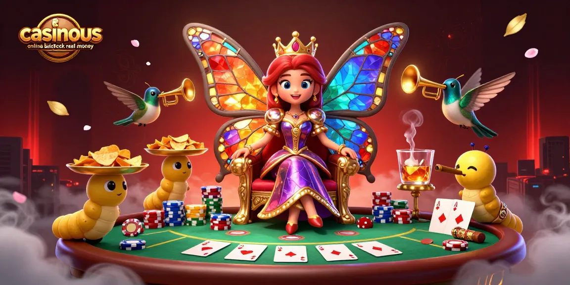 Experience the excitement of casinous online blackjack real money with vibrant visuals of a butterfly queen and poker elements.